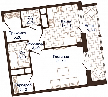 1-комнатная квартира 59 м² в Клубном доме Аристократ