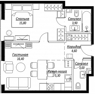1-комнатные апартаменты 49 м² в МФК Slava