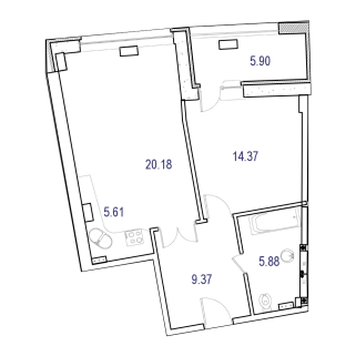 2-комнатная квартира 63 м² в МФК Маршал