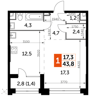 1-комнатная квартира 44 м² в Жилом квартале Sydney City