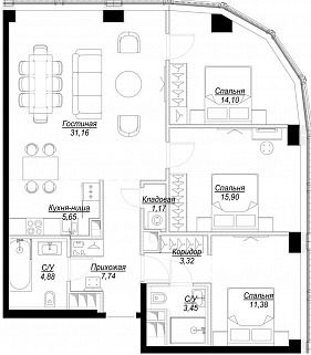 4+-комнатная квартира 99 м² в ЖК Фили Сити