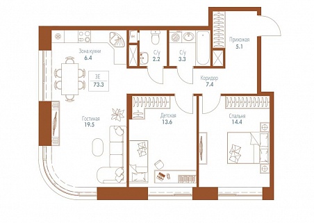 3-комнатные апартаменты 73 м² в Комплексе апартаментов Monodom Family