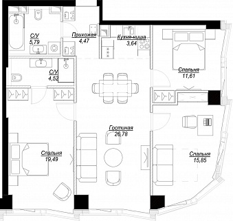 4+-комнатная квартира 92 м² в ЖК Фили Сити