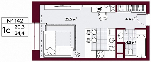 Апартаменты-студия 34 м² в МФК Амарант