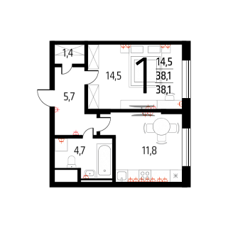 1-комнатная квартира 38 м² в Жилом районе Новые Ватутинки.Десна