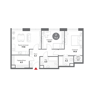 2-комнатная квартира 76 м² в МФК Voxhall