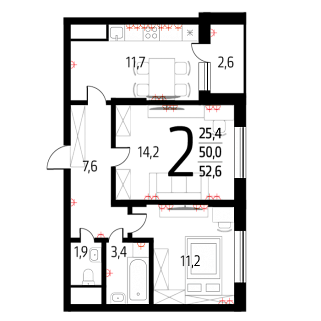 2-комнатная квартира 51 м² в Жилом районе Новые Ватутинки.Десна