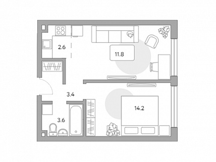 2-комнатная квартира 36 м² в ЖК Profit