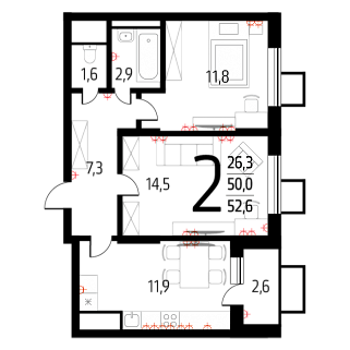 2-комнатная квартира 51 м² в Жилом районе Новые Ватутинки.Десна