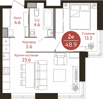 2-комнатная квартира 49 м² в МФК Russian Design District