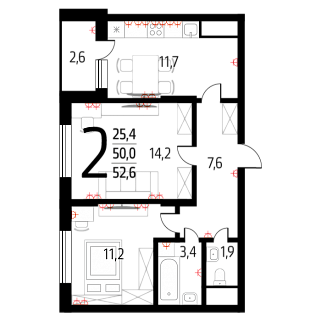 2-комнатная квартира 51 м² в Жилом районе Новые Ватутинки.Десна