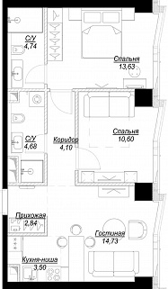 3-комнатная квартира 59 м² в ЖК Фили Сити