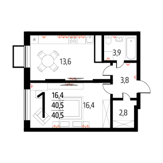 1-комнатная квартира 41 м² в Жилом районе Новые Ватутинки.Десна
