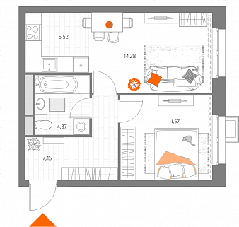 2-комнатная квартира 43 м² в ЖК Талисман на Рокоссовского