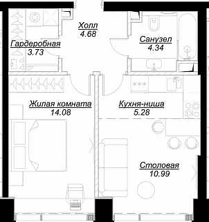 1-комнатная квартира 43 м² в ЖК Mod