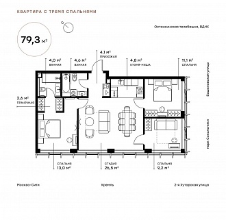 3-комнатная квартира 80 м² в ЖК Symphony 34